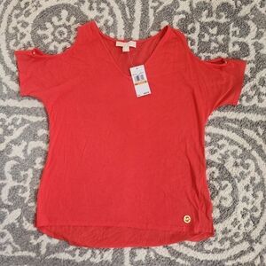 Michael Kors Salmon Open Shoulder Blouse With Gold Button Accents.